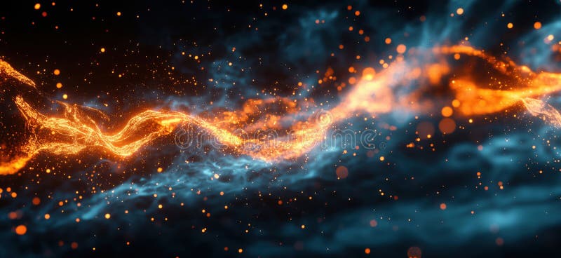 Abstract glowing wave of orange and blue particles in dark space background, copy space for text stock image