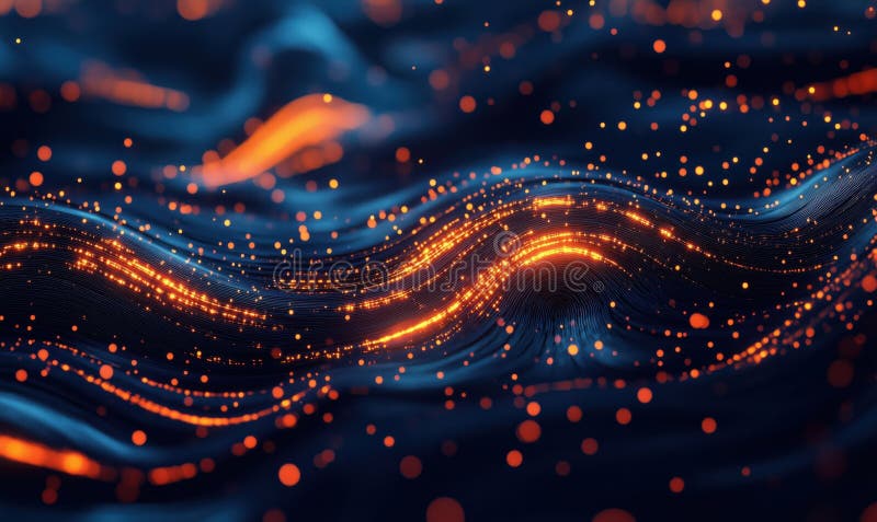 Abstract glowing wave pattern with orange lights and dark background stock photos