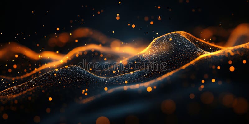 Abstract glowing wave patterns with orange particles on dark background stock photos