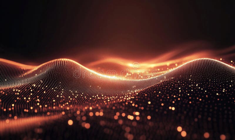 Abstract glowing wave patterns with shimmering particles in warm tones stock photo