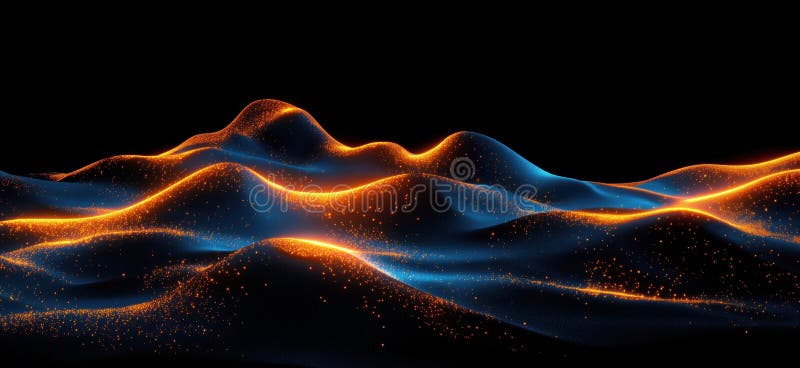 Abstract glowing waves with blue and orange highlights in dark background, copy space for text royalty free stock photos