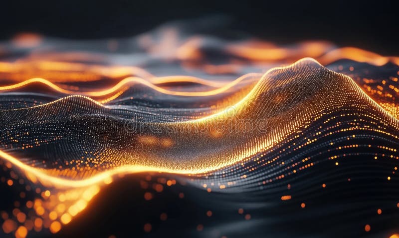 Abstract glowing waves, digital landscape, vibrant orange and black colors, smooth flowing patterns, illuminated stock illustration