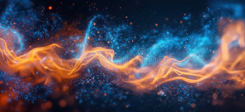 Abstract glowing waves of orange and blue light with sparkling particles royalty free stock photo