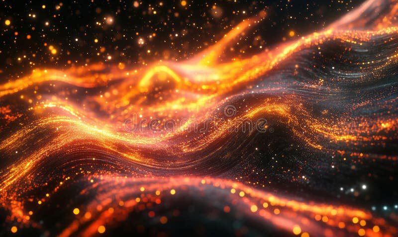 Abstract glowing waves of orange and gold particles creating a mesmerizing digital landscape with depth and movement royalty free stock photography