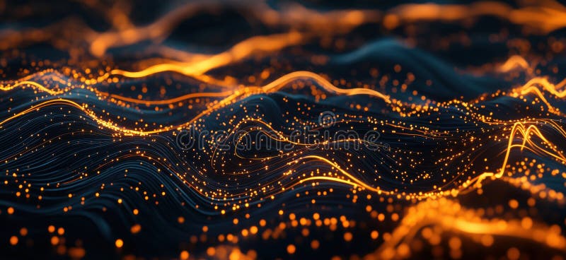 Abstract glowing waves with orange particles and flowing lines in dark background royalty free stock image