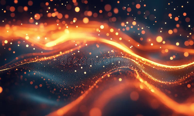 Abstract glowing waves with particles, vibrant orange and blue colors, dynamic movement, digital art, mesmerizing royalty free stock photography