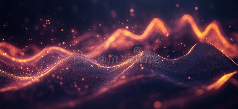 Abstract glowing waves with particles, vibrant orange and purple hues, creating a mesmerizing digital landscape, copy royalty free stock photography
