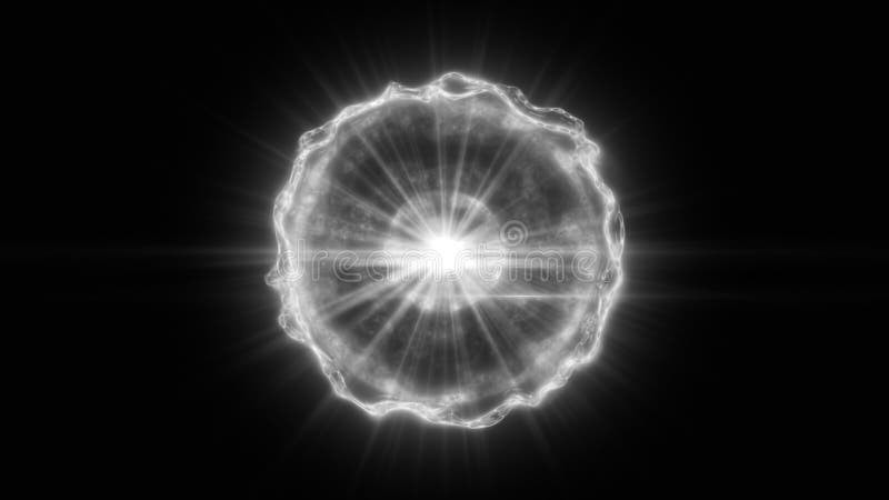 Abstract glowing white energy sphere radiating light beams in a dark void, evoking futuristic scientific concepts royalty free stock photos