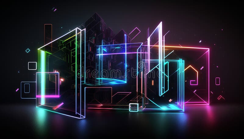 Abstract glowing wireframe building on dark background. 3D Rendering vector illustration