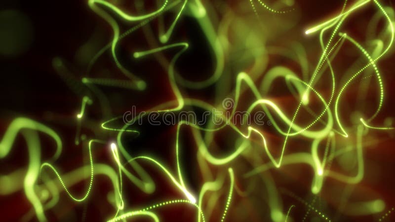 Abstract glowing yellow-green light trails weaving across a dark space, forming an intense flow of energy and movement stock image