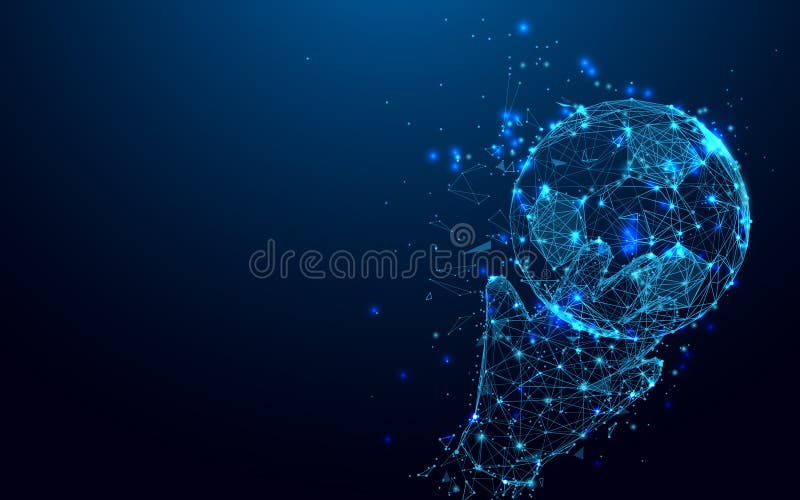 Abstract goalkeeper hands catching ball form lines and triangles, point connecting network on blue background. stock illustration Abstract goalkeeper hands catching ball form lines and triangles, point connecting network on blue background. stock illustration