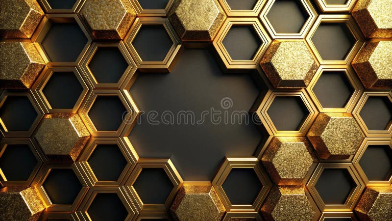 An artistic representation of abstract gold and black hexagonal pattern with central void. Generative AI