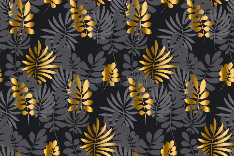 Abstract gold and black leaves tropical seamless pattern. stock illustration