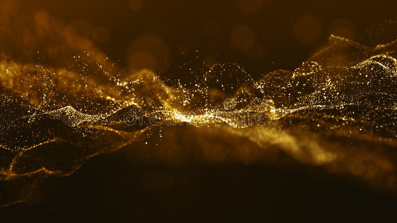 Abstract gold color digital particles wave with bokeh and light background stock illustration