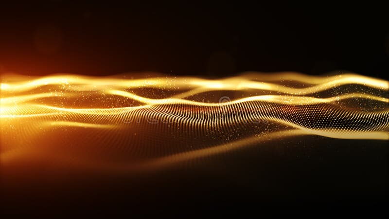 Abstract gold color digital particles wave with bokeh and light background stock illustration