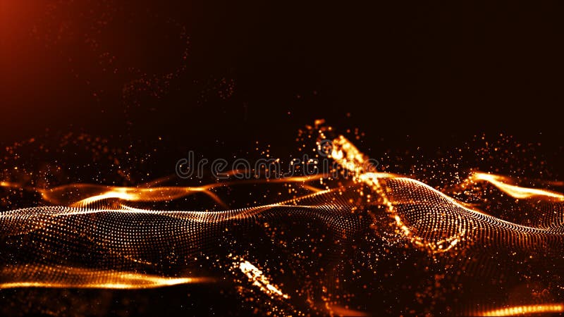 Abstract gold color digital particles wave with dust and light background royalty free illustration