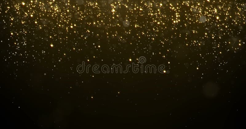 Abstract gold particles glitter light falling bokeh glare effect. Shimmering texture of glittering golden light rain glow for luxu