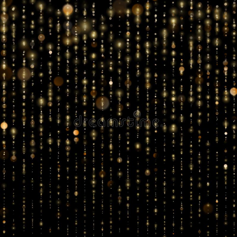 Abstract gold sparkle shine light confetti bokeh on glittering black background. Luxury shimmer texture template. EPS 10