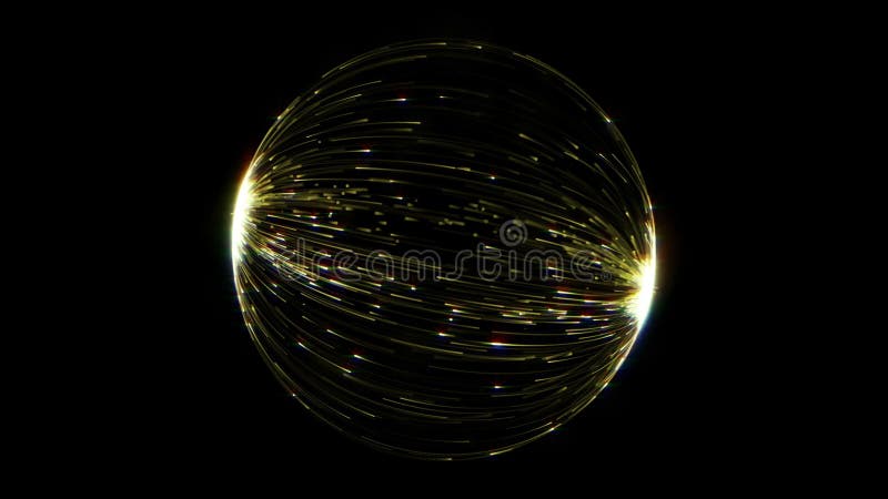 Abstract gold sphere of luminous line lights with glare effect on black background. Magic futuristic light background