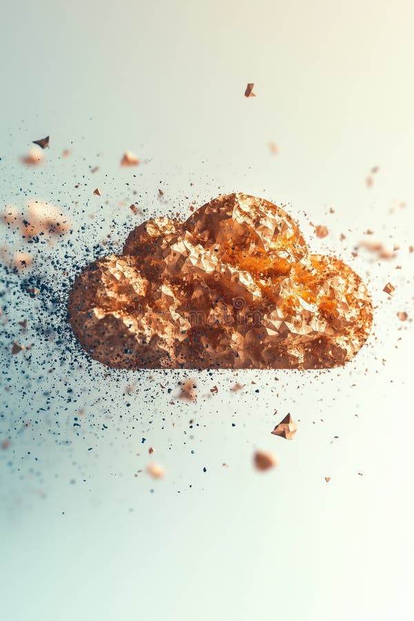 Abstract golden cloud fragmenting into particles against a soft-colored background. royalty free stock image