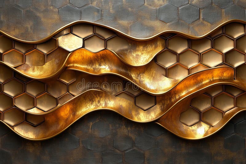 Abstract golden honeycomb structure with flowing waves and a textured background. stock photography