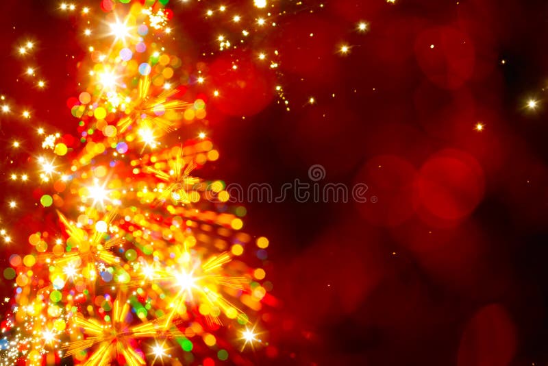 Abstract golden light christmas tree on red background