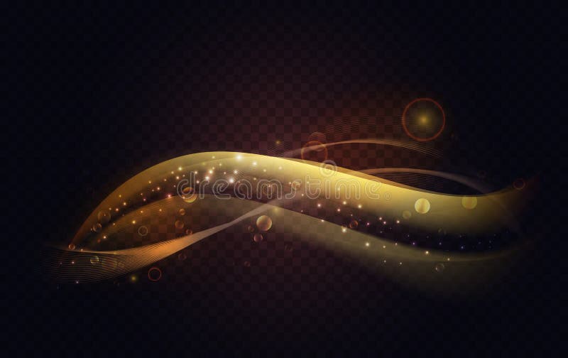 Abstract golden shining lines light rays wave effect, bright shiny curve swirl trail vector illustration