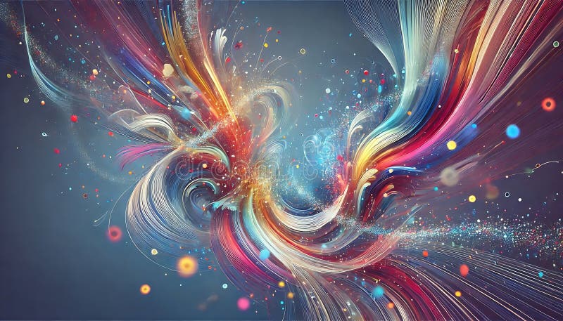 Abstract gradient background with swirling trails of colorful confetti for dynamic and energetic design. stock image