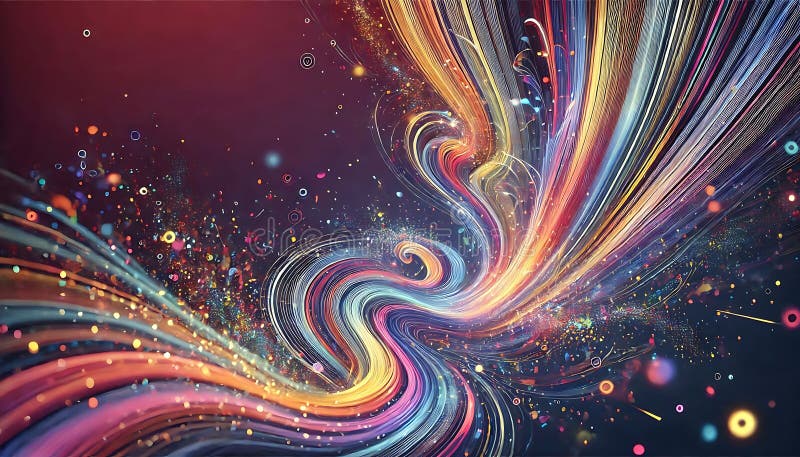 Abstract gradient background with swirling trails of colorful confetti for dynamic and energetic design. royalty free stock photos