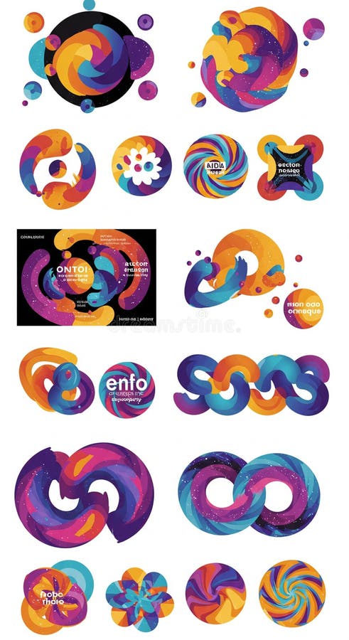 Abstract graphic designs featuring vibrant, swirling patterns in bright colors such as stock illustration