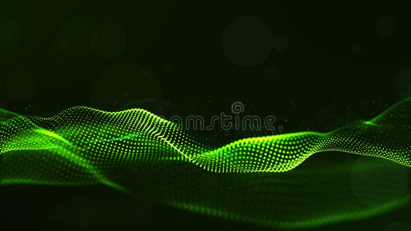 Abstract green color digital particles wave with dust and light background stock illustration