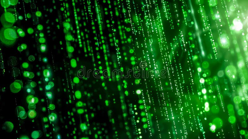 Abstract green digital rain background. Luminous green matrix code style backdrop depicting data flow or virtual reality space AI generated