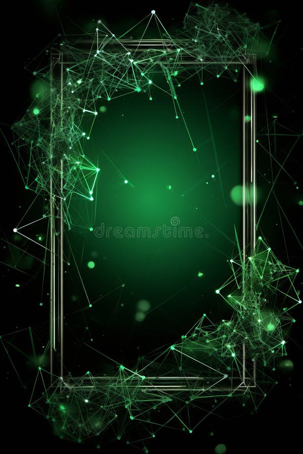 abstract green frame with connected lines and dots on a black background generative ai