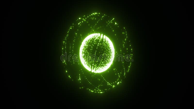 Abstract green glowing sphere made of digital particles and lines floating in dark space stock illustration