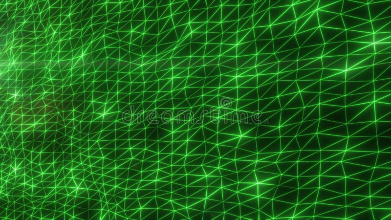 Abstract green neon triangular wireframe mesh network glowing softly against dark backdrop stock illustration