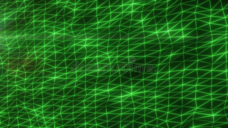 Abstract green neon triangular wireframe mesh network glowing softly against dark backdrop stock illustration