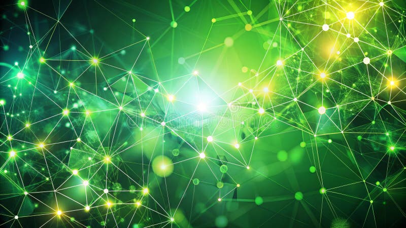 Abstract green network connections illuminated nodes and lines forming a complex web. Generative AI royalty free illustration