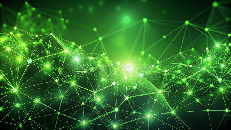 Abstract green network connections illuminated nodes and lines representing interconnectivity. Generative AI stock illustration
