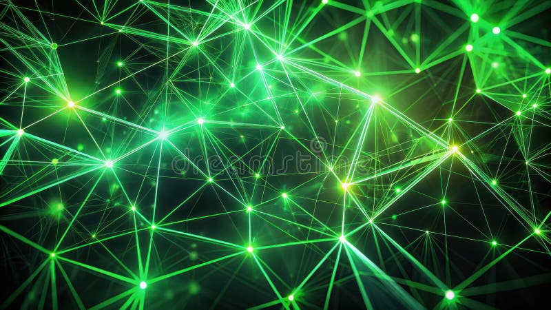 Abstract green network of interconnected nodes and lines. Generative AI stock illustration