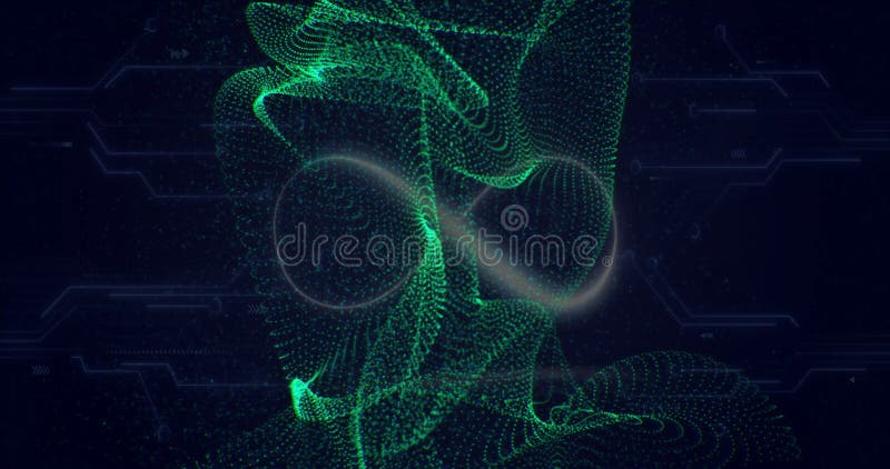 Abstract green particle waves forming complex shapes, digital data image. futuristic, motion, technology, background, dynamic