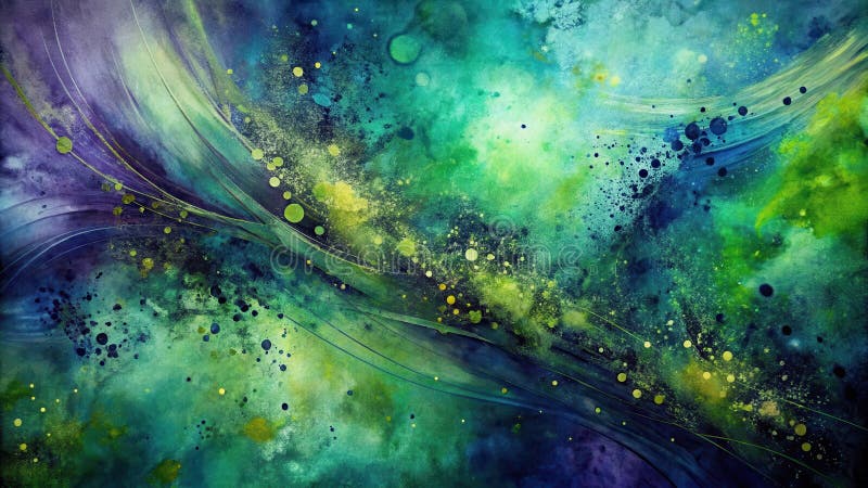 Abstract green and teal swirling galaxy with gold specks and dark splashes of paint. Generative AI vector illustration
