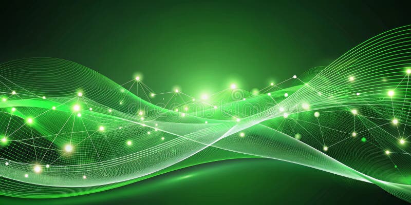 Abstract green wave network background with glowing nodes. Generative AI royalty free illustration
