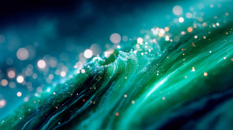 Abstract green waves with glowing particles and bubbles creating a surreal liquid effect royalty free illustration