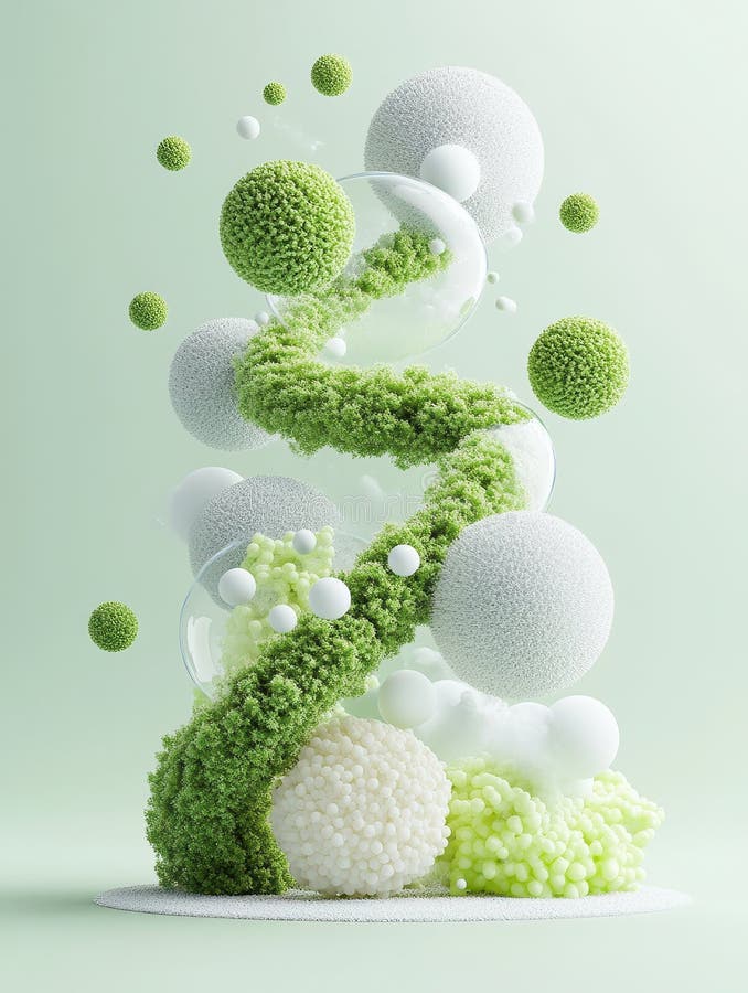 Abstract green and white microscopic organisms, germs, and bacteria arranged as fuzzy spheres and a spiral royalty free stock images