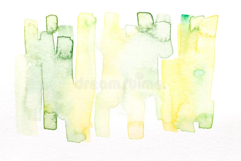 Abstract green yellow background. Multicolor brush strokes and paint spots on white paper stock illustration
