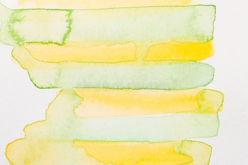 Abstract green yellow background. Multicolor brush strokes and paint spots on white paper stock illustration
