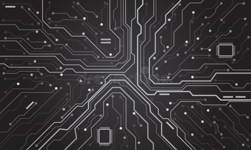 Abstract grey tone circuit board technology connected blue lines with electronics elements computer motherboard chip processor vector illustration