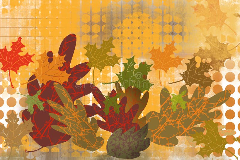 Abstract grid background with artistic layers of hand drawn leaves for fall art background