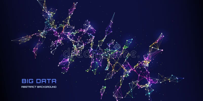 Abstract grid futuristic data tree from multicolor polygons in dark cyberspace. Technology wireframe connecting dots. Big Data stock illustration