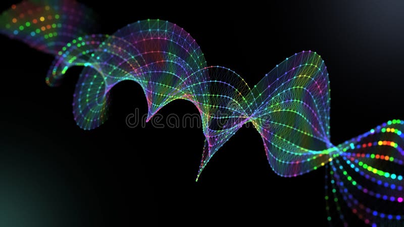Abstract grid helix from color polygons in dark cyberspace. DNA shape wireframe connecting circles. 3d rendering futuristic color vector illustration
